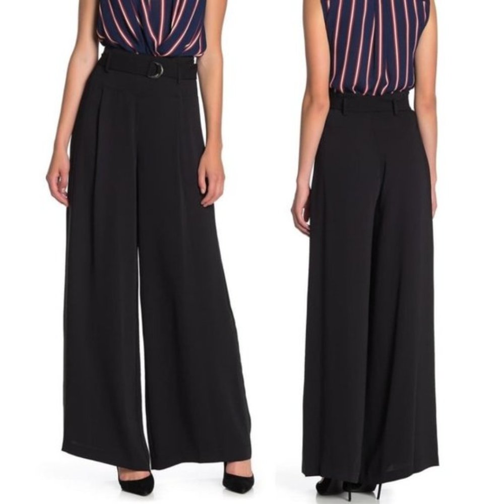 BCBGMaxAzria Black Wide Leg Satin Belted